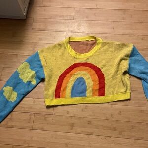 Sunshine Rainbow Crop Sweater - Yellow & Blue Women's Knit